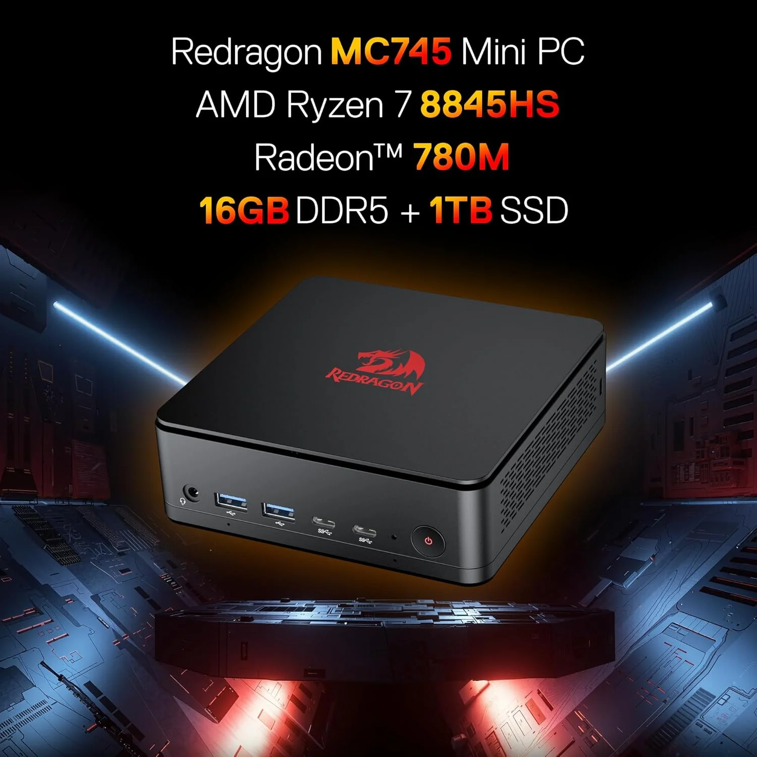مینی پی سی Redragon MPC745 با پردازنده AMD Ryzen 7 8845HS (حداکثر 5.1 گیگاهرتز)، مینی کامپیوتر رومیزی با گرافیک Radeon 780M، رم 16 گیگابایتی DDR5، حافظه SSD 1 ترابایتی PCIe M.2، پشتیبانی از اترنت، 4K UHD، WiFi، BT 5.2، USB 4.0 مینی پی سی Redragon MPC745 با پردازنده AMD Ryzen 7 8845HS (حداکثر 5.1 گیگاهرتز)، مینی کامپیوتر رومیزی با گرافیک Radeon 780M، رم 16 گیگابایتی DDR5، حافظه SSD 1 ترابایتی PCIe M.2، پشتیبانی از اترنت، 4K UHD، WiFi، BT 5.2، USB 4.0