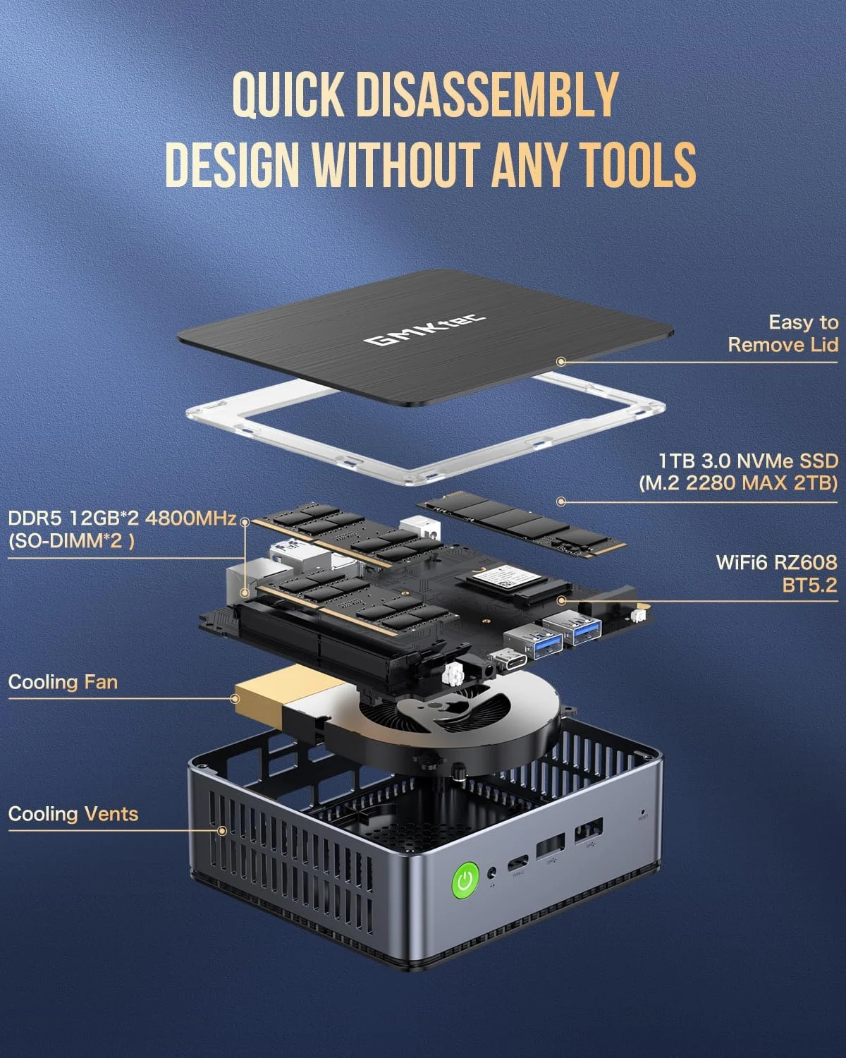مینی پی سی GMKtec با پردازنده Intel i7-12650H، دارای 24 گیگابایت رم DDR5 و 1 ترابایت حافظه PCIe 4.0 M.2 NVMe SSD، مینی کامپیوتر گیمینگ، دارای پورت Type C، WiFi 6، BT 5.2، RJ45 1000M و پشتیبانی از نمایشگر سه گانه 4K مینی پی سی GMKtec با پردازنده Intel i7-12650H، دارای 24 گیگابایت رم DDR5 و 1 ترابایت حافظه PCIe 4.0 M.2 NVMe SSD، مینی کامپیوتر گیمینگ، دارای پورت Type C، WiFi 6، BT 5.2، RJ45 1000M و پشتیبانی از نمایشگر سه گانه 4K