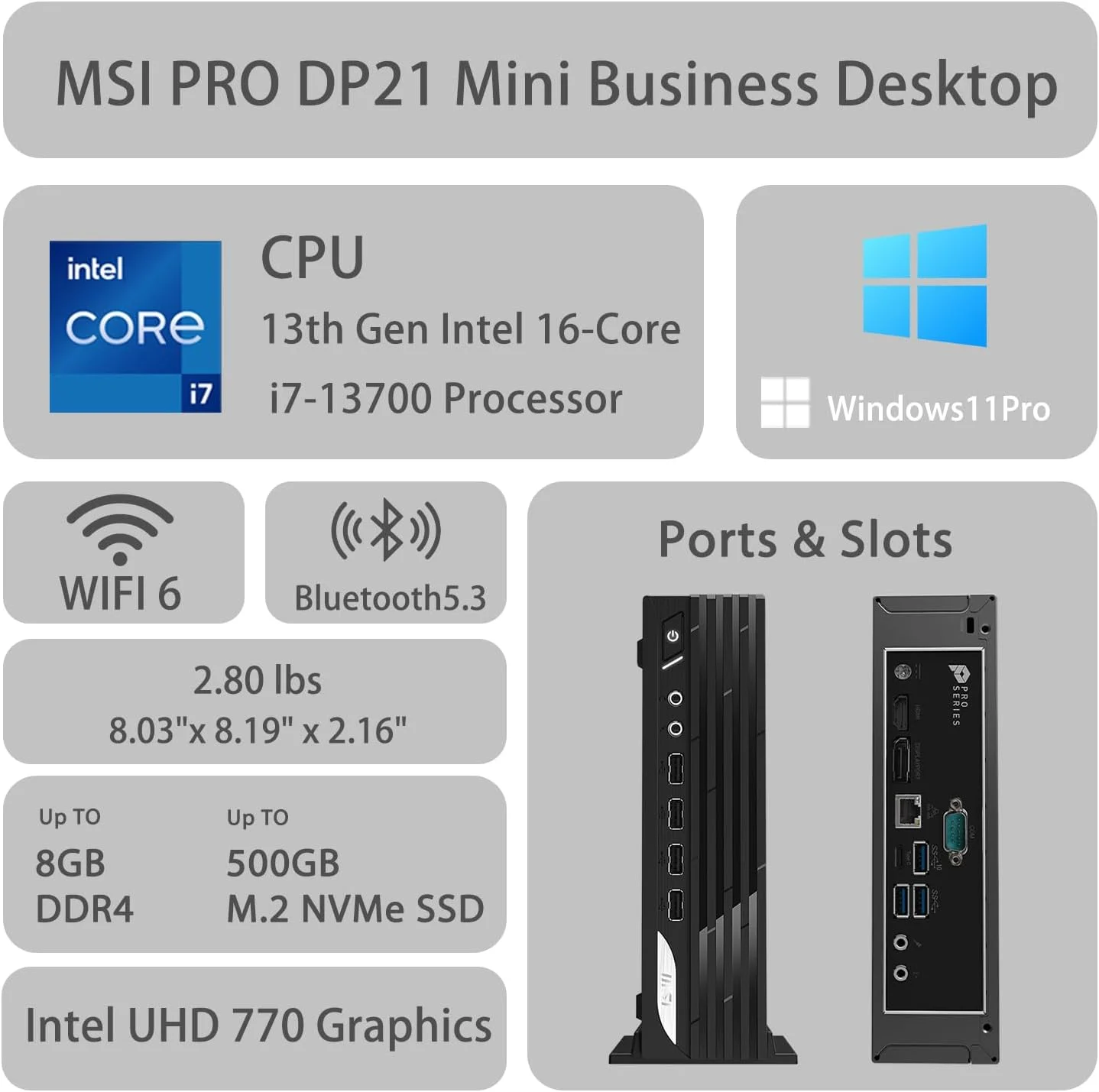 کامپیوتر رومیزی کوچک تجاری MSI PRO DP21 Mini، پردازنده نسل سیزدهم اینتل 16 هسته ای i7-13700، رم 16 گیگابایتی، اس اس دی 1 ترابایتی، HDMI، DP، Type-C، پشتیبانی از 2 مانیتور 4K، کیبورد و ماوس سیمی، Wi-Fi 6، ویندوز 11 پرو، مشکی
