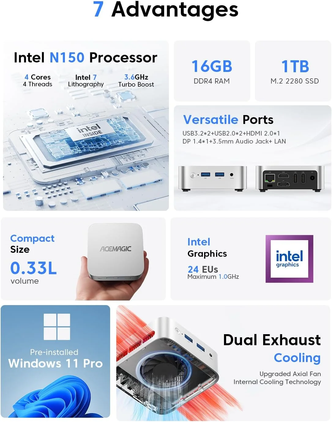 کامپیوترهای کوچک ACEMAGIC V1 Mini Pc، اینتل Twin Lake N150 (توربو 3.6 گیگاهرتز)، 16 گیگابایت رم DDR4، 1 ترابایت حافظه SSD M.2، کامپیوتر رومیزی کوچک 4K HDMI DP، وای فای/بلوتوث دوگانه، اترنت گیگابیتی Vesa، میکرو کامپیوتر خانگی/اداری کامپیوترهای کوچک ACEMAGIC V1 Mini Pc، اینتل Twin Lake N150 (توربو 3.6 گیگاهرتز)، 16 گیگابایت رم DDR4، 1 ترابایت حافظه SSD M.2، کامپیوتر رومیزی کوچک 4K HDMI DP، وای فای/بلوتوث دوگانه، اترنت گیگابیتی Vesa، میکرو کامپیوتر خانگی/اداری