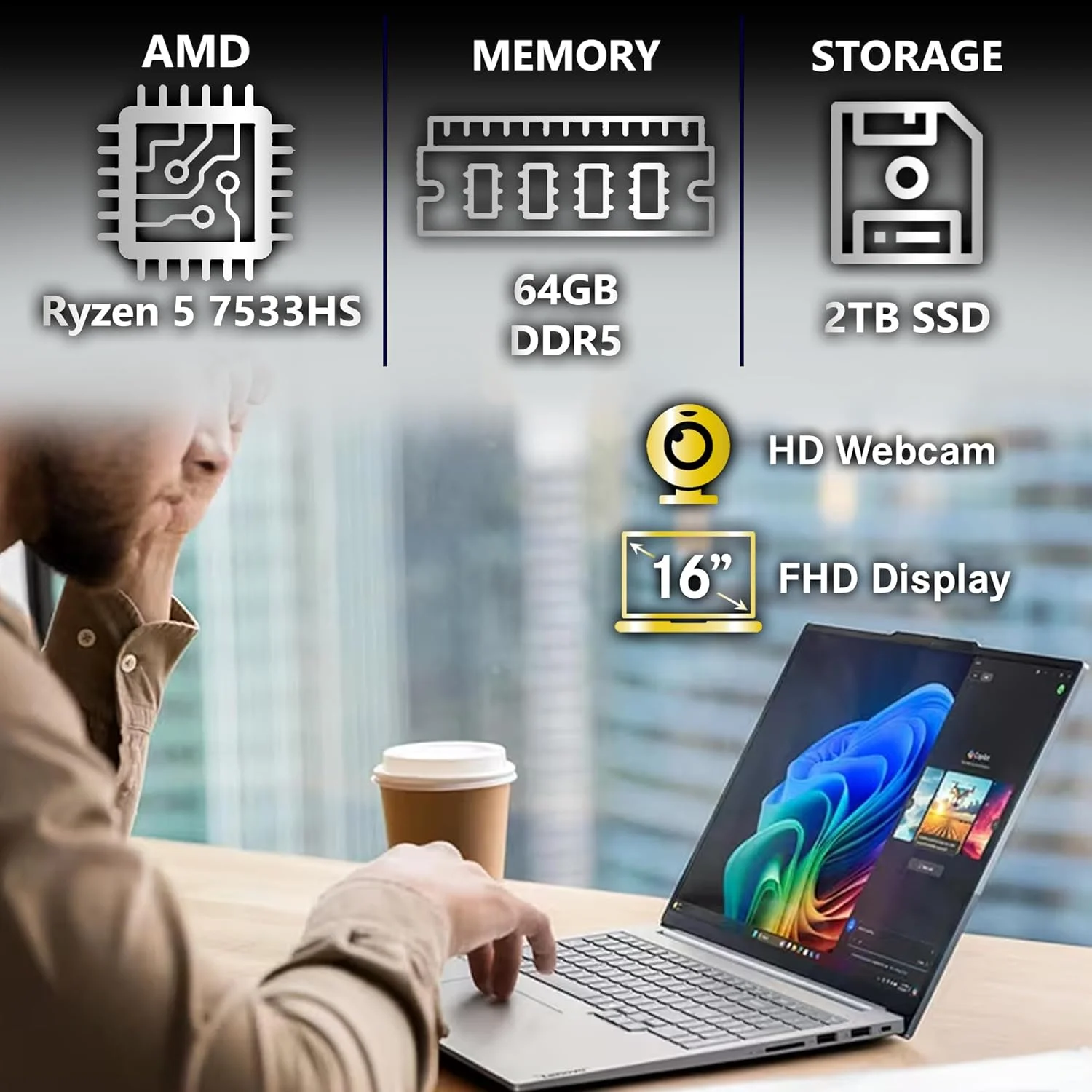 لپ تاپ تجاری Lenovo ThinkBook 16 G7، صفحه نمایش 16 اینچی FHD+، پردازنده AMD Ryzen 5 7533HS، رم 64 گیگابایتی DDR5، حافظه 2 ترابایتی NVMe، وای فای 6 + بلوتوث، RJ-45، HDMI، حسگر اثر انگشت، وب کم HD، ویندوز 11 پرو لپ تاپ تجاری Lenovo ThinkBook 16 G7، صفحه نمایش 16 اینچی FHD+، پردازنده AMD Ryzen 5 7533HS، رم 64 گیگابایتی DDR5، حافظه 2 ترابایتی NVMe، وای فای 6 + بلوتوث، RJ-45، HDMI، حسگر اثر انگشت، وب کم HD، ویندوز 11 پرو