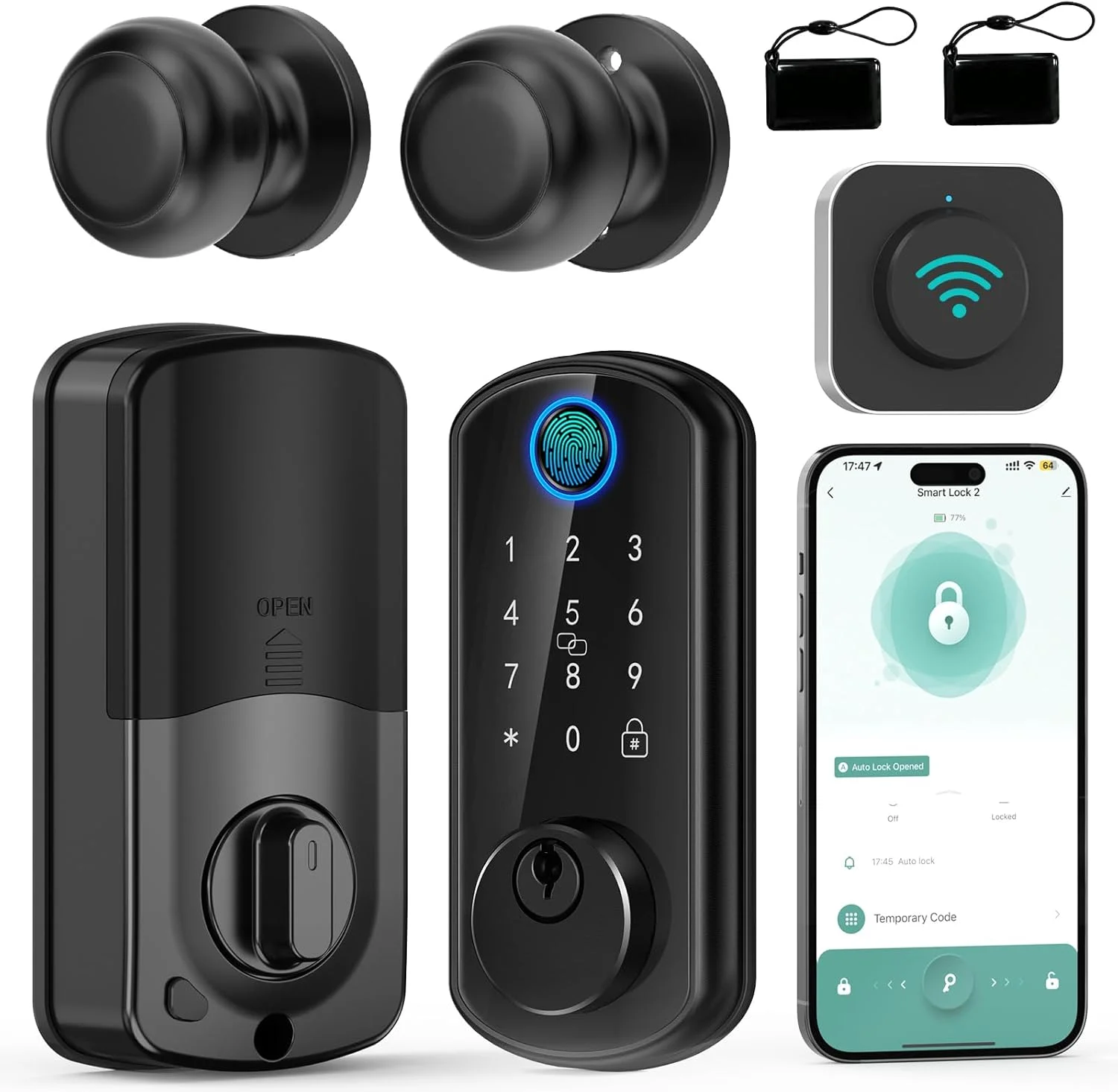 ست قفل درب ورودی هوشمند: قفل درب بدون کلید وای فای Hornbill با دستگیره و 2 دستگیره، کد کنترل از راه دور بلوتوث الکسا برای خانه، مشکی مات