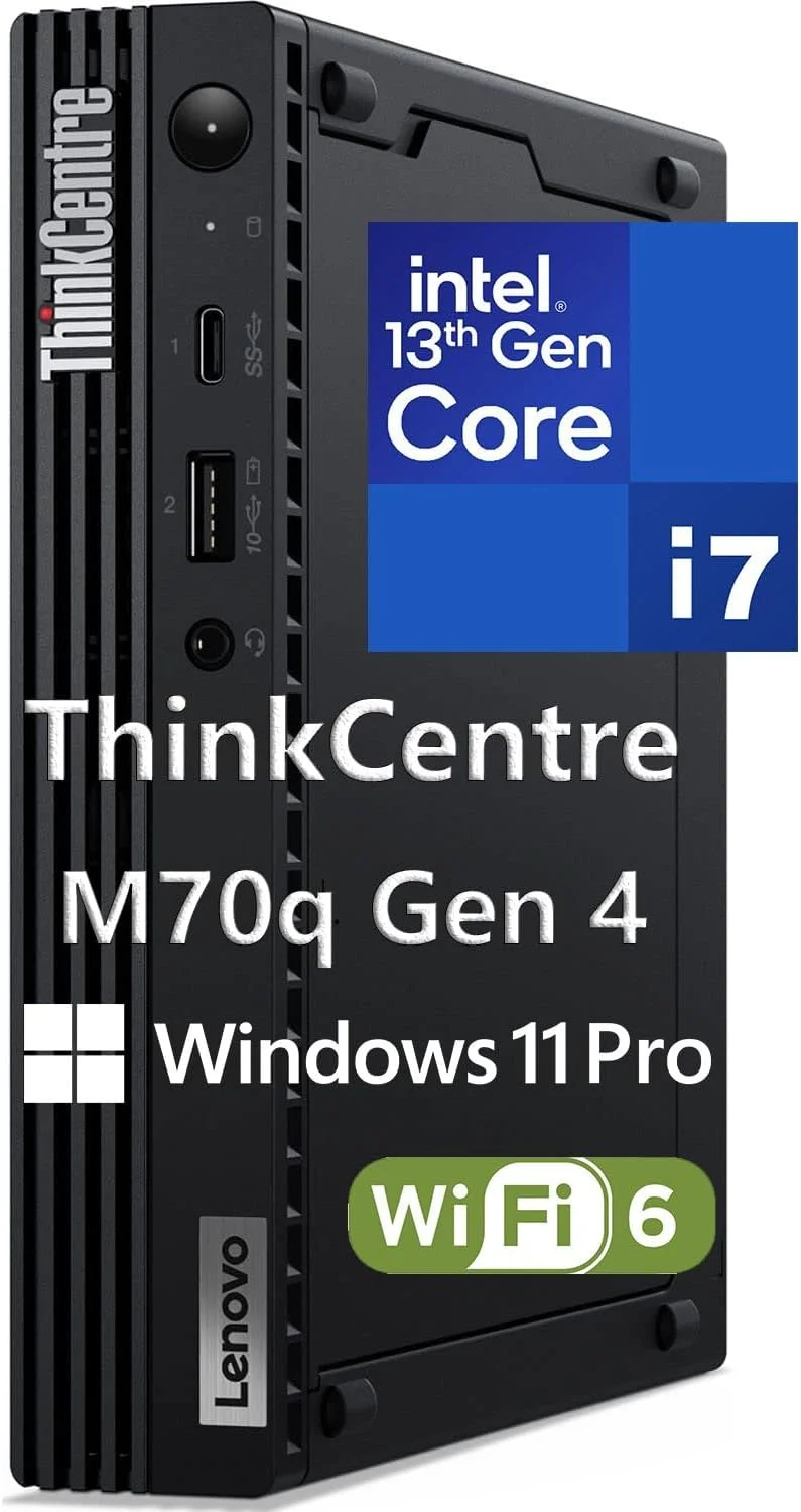 کامپیوتر کوچک رومیزی تجاری لنوو ThinkCentre M70q Gen 4 MFF 1L Tiny PC، رم 32 گیگابایت DDR5، حافظه اس اس دی 1 ترابایت PCIe، پردازنده نسل سیزدهم اینتل 16 هسته ای i7-13700T، وای فای 6، RJ45، HDMI، DisplayPort، ویندوز 11 پرو، Befec-Toy