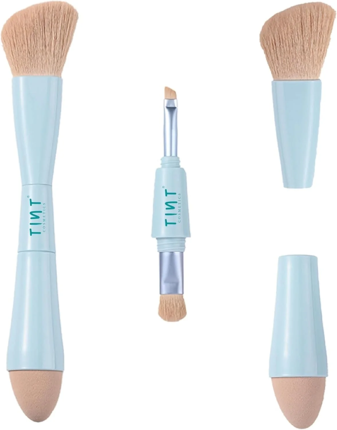 ست براش آرایشی 4 در 1 Tint Cosmetics 4Play برای چند منظوره شامل براش کرم پودر، براش صورت، براش سایه چشم و براش ابرو، براش های آرایشی مسافرتی کوچک قابل حمل