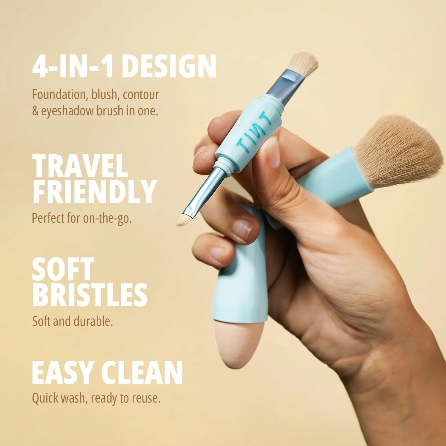 ست براش آرایشی 4 در 1 Tint Cosmetics 4Play برای چند منظوره شامل براش کرم پودر، براش صورت، براش سایه چشم و براش ابرو، براش های آرایشی مسافرتی کوچک قابل حمل