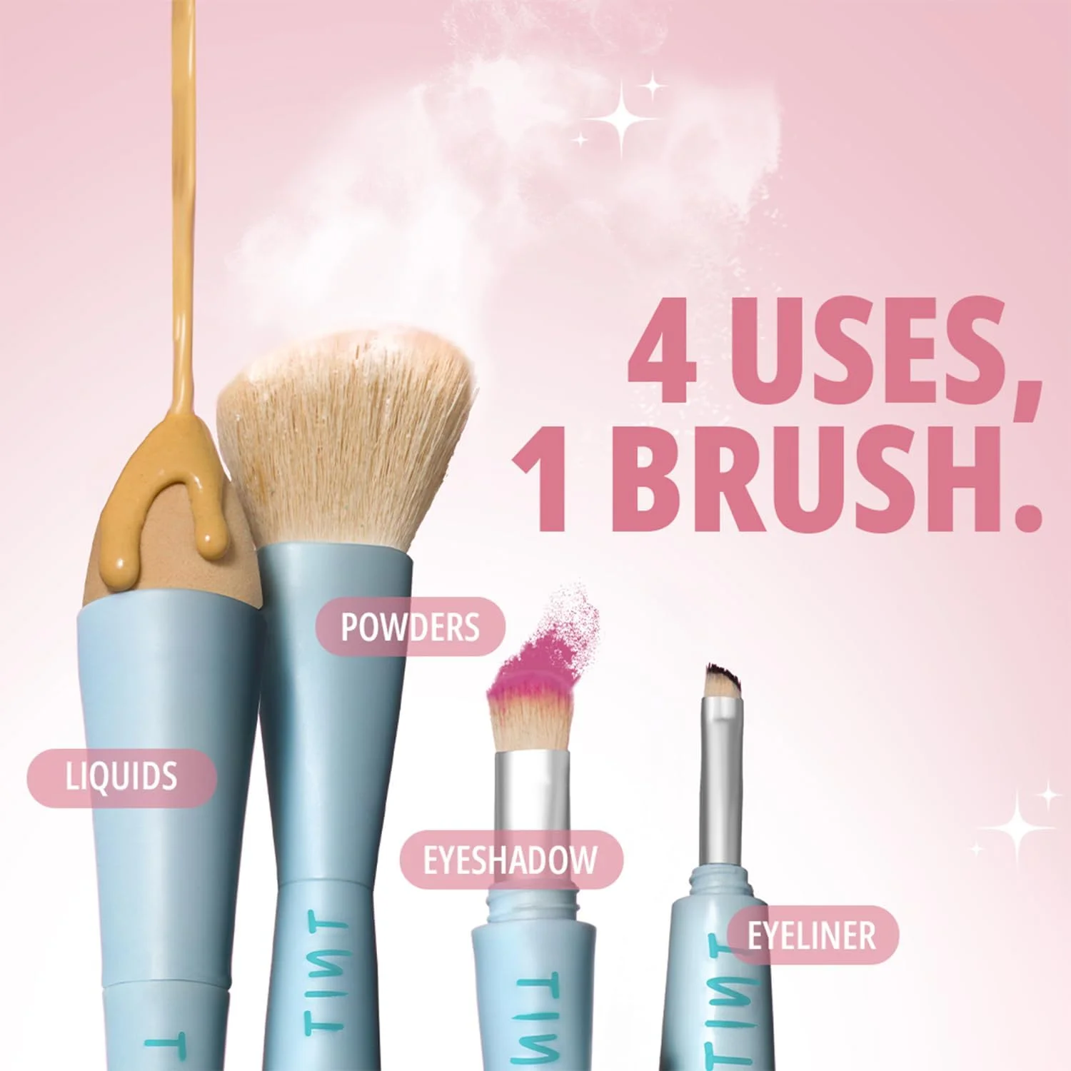 ست براش آرایشی 4 در 1 Tint Cosmetics 4Play برای چند منظوره شامل براش کرم پودر، براش صورت، براش سایه چشم و براش ابرو، براش های آرایشی مسافرتی کوچک قابل حمل