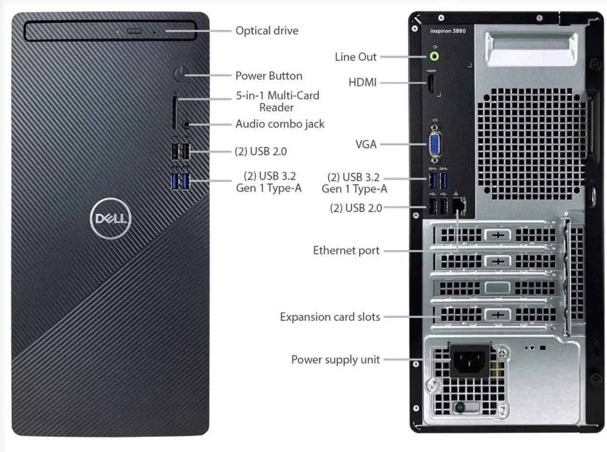 کامپیوتر رومیزی جدید Dell Inspiron 3880 مدل 2021، پردازنده چهارهسته‌ای Intel Core i5-10400 نسل دهم، رم 16 گیگابایتی DDR4، حافظه SSD PCIe 256 گیگابایتی + هارد دیسک 1 ترابایتی، WiFi، VGA، HDMI، بلوتوث، ویندوز 10 هوم، مشکی (آخرین مدل)