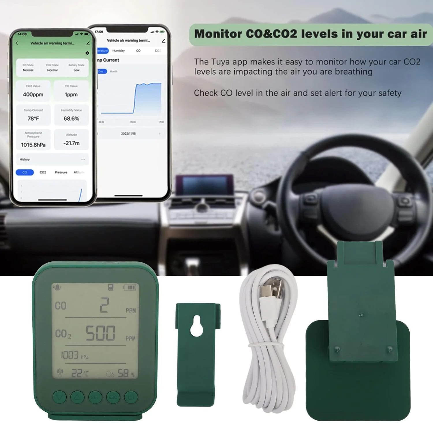 مانیتور CO2، مانیتور کیفیت هوای داخل/خودرو 7 در 1، تستر دما، فشار و رطوبت CO2 با آلارم، کنترل هوشمند APP