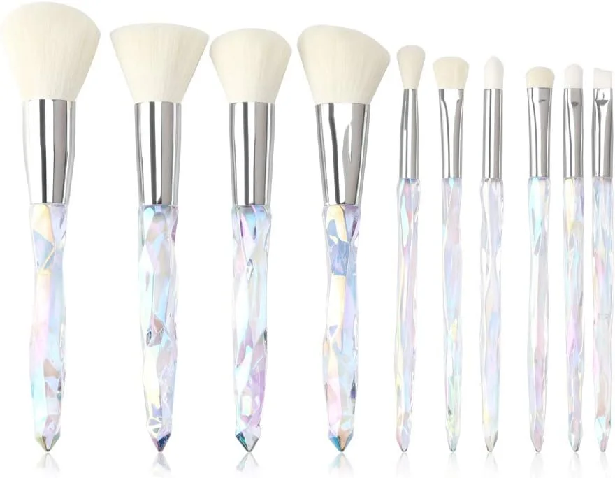 ست برس آرایشی Tenmon با دسته کریستالی، 10 تکه، دسته شفاف کریستالی، برس پودر کابوکی، برس کرم پودر، کانسیلر، سایه چشم، خط چشم، برس ابرو (سفید)