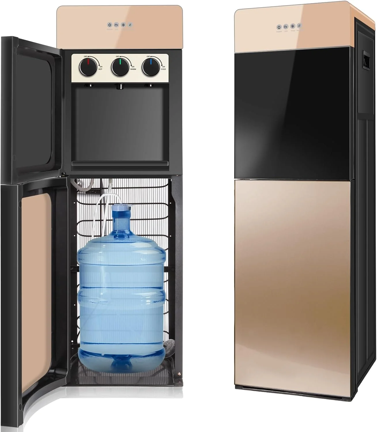 آبسردکن ایستاده مخزن پایین EURCRBU، با 3 تنظیمات دما - گرم، دمای اتاق و کمپرسور خنک کننده، ظرفیت خنک کننده 5-10 درجه سانتیگراد، مناسب برای بطری های 3 یا 5 گالن (طلایی)