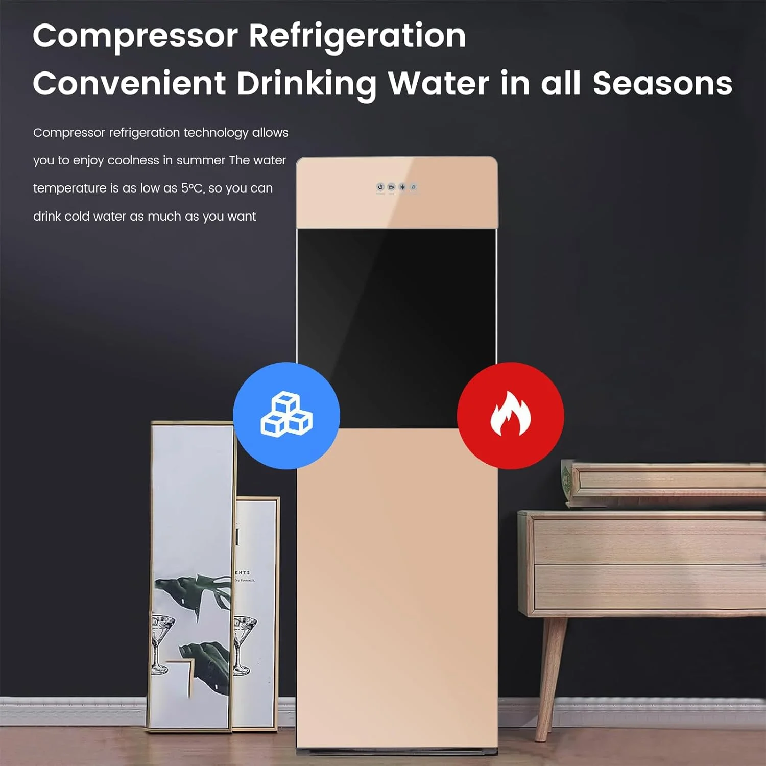 آبسردکن ایستاده مخزن پایین EURCRBU، با 3 تنظیمات دما - گرم، دمای اتاق و کمپرسور خنک کننده، ظرفیت خنک کننده 5-10 درجه سانتیگراد، مناسب برای بطری های 3 یا 5 گالن (طلایی)