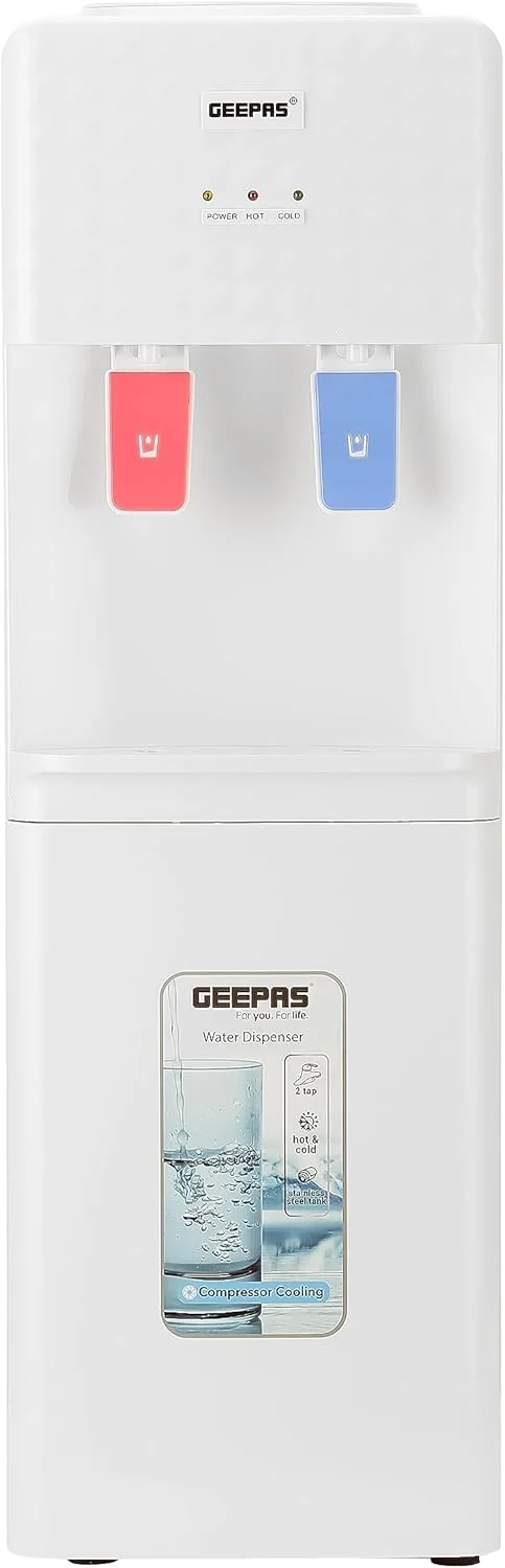 آبسردکن و جوش کن Geepas مدل GWD8326 با عملکرد آب گرم و سرد، خنک کننده کمپرسور، خنک کننده سریع، 2 شیر، دما: 5-10 درجه سانتیگراد؛ 85-95 درجه سانتیگراد - سفید