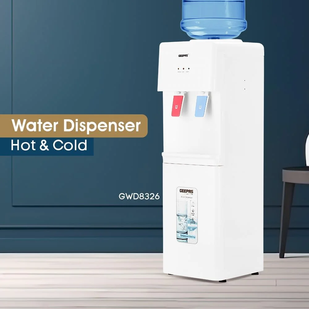 آبسردکن و جوش کن Geepas مدل GWD8326 با عملکرد آب گرم و سرد، خنک کننده کمپرسور، خنک کننده سریع، 2 شیر، دما: 5-10 درجه سانتیگراد؛ 85-95 درجه سانتیگراد - سفید