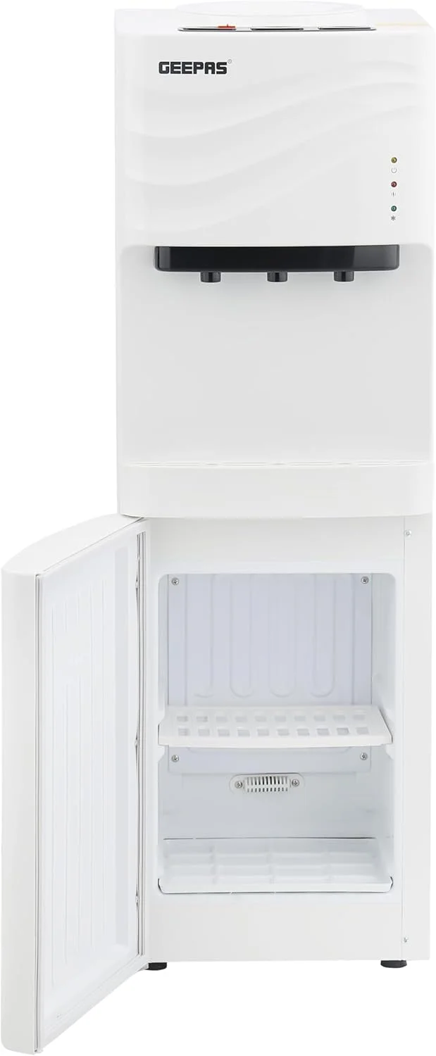 آبسردکن با یخچال | مخزن آب استیل ضد زنگ با خنک کننده کمپرسور و 3 شیر، گرم، معمولی و سرد | مجهز به دکمه ایمنی کودک GWD8355 سفید