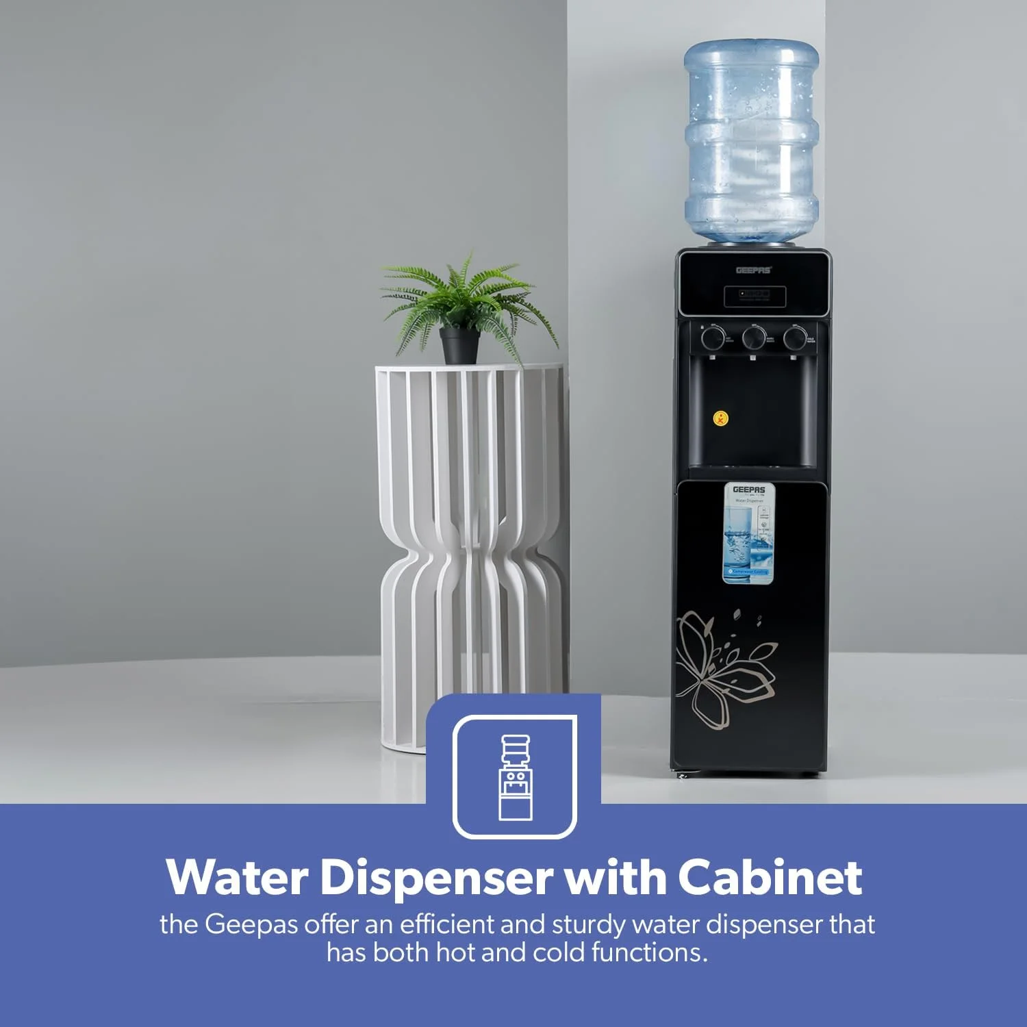 آبسردکن ایستاده جیپاس مدل GWD17038 با کابینت - عملکرد آب سرد، گرم و ولرم، دارای 3 شیر خروجی قابل تنظیم، مناسب برای خانه، مدرسه، اداره و غیره - مشکی