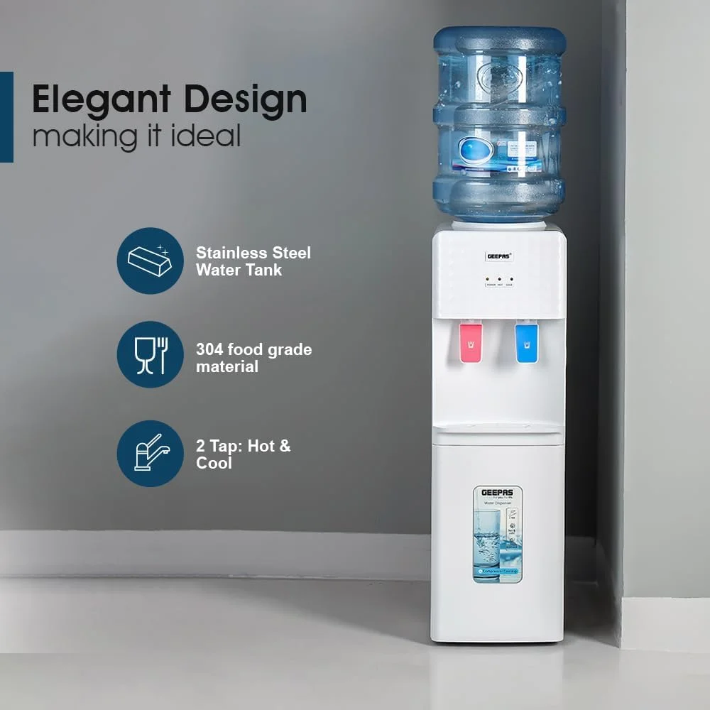 آبسردکن و جوش کن Geepas مدل GWD8326 با عملکرد آب گرم و سرد، خنک کننده کمپرسور، خنک کننده سریع، 2 شیر، دما: 5-10 درجه سانتیگراد؛ 85-95 درجه سانتیگراد - سفید
