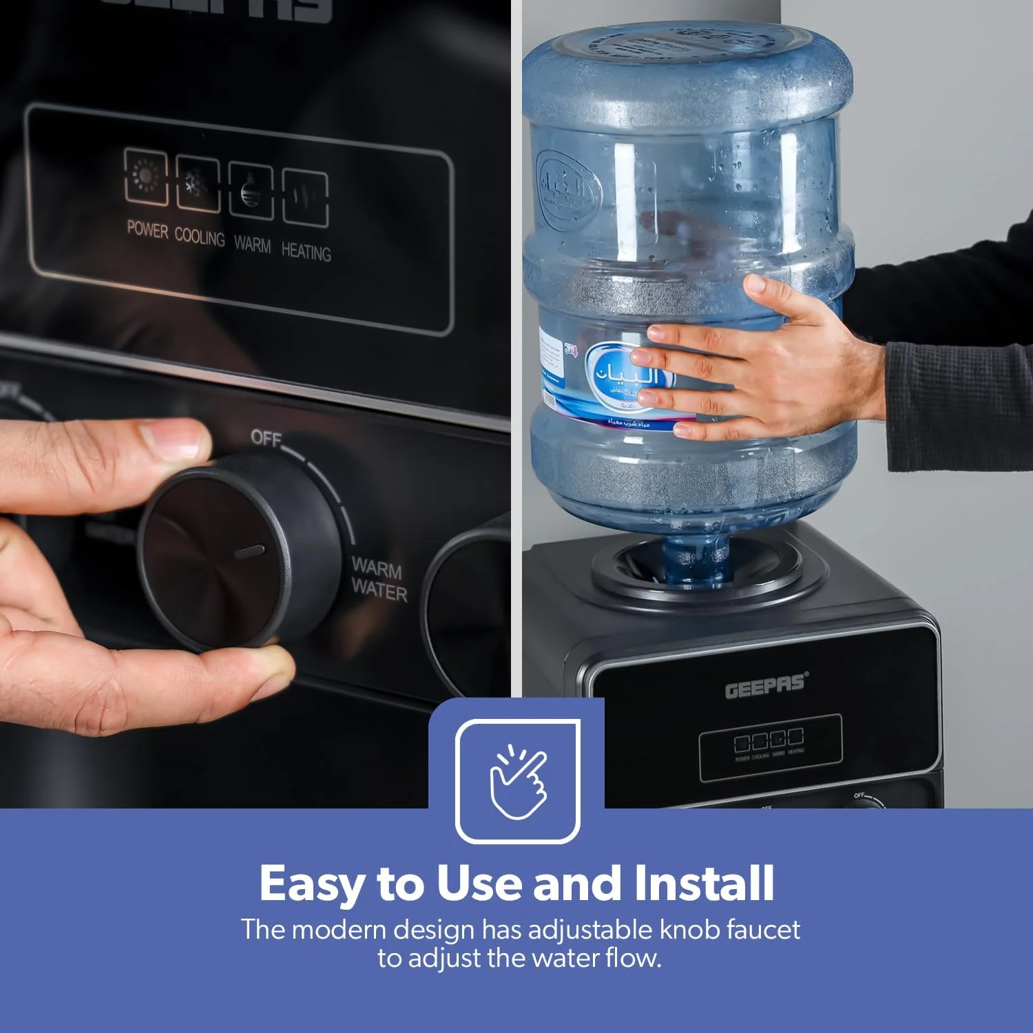 آبسردکن ایستاده جیپاس مدل GWD17038 با کابینت - عملکرد آب سرد، گرم و ولرم، دارای 3 شیر خروجی قابل تنظیم، مناسب برای خانه، مدرسه، اداره و غیره - مشکی