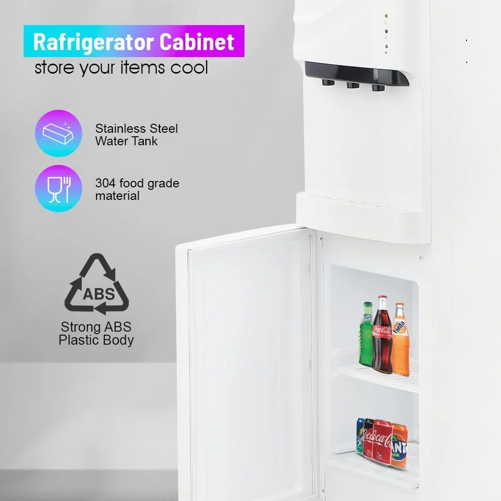 آبسردکن با یخچال | مخزن آب استیل ضد زنگ با خنک کننده کمپرسور و 3 شیر، گرم، معمولی و سرد | مجهز به دکمه ایمنی کودک GWD8355 سفید