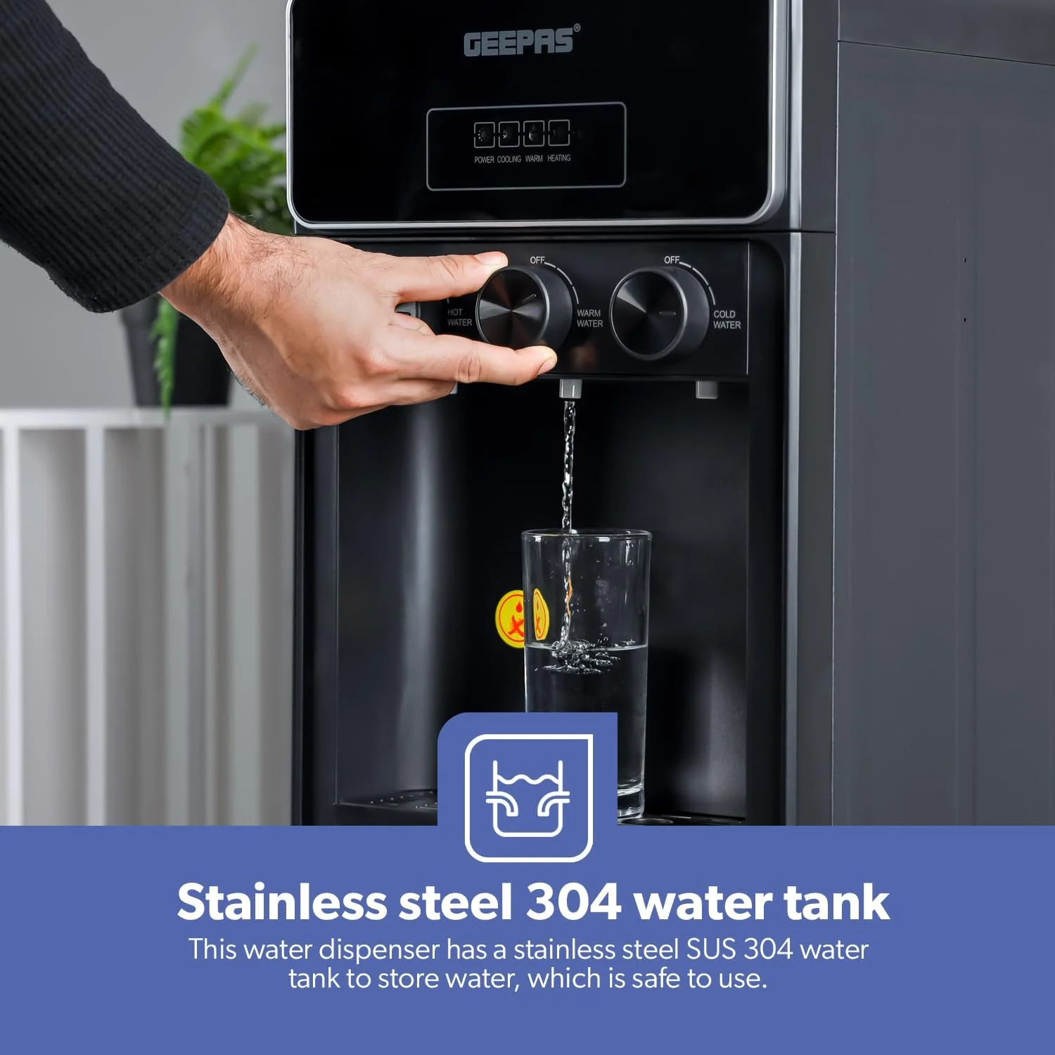 آبسردکن ایستاده جیپاس مدل GWD17038 با کابینت - عملکرد آب سرد، گرم و ولرم، دارای 3 شیر خروجی قابل تنظیم، مناسب برای خانه، مدرسه، اداره و غیره - مشکی