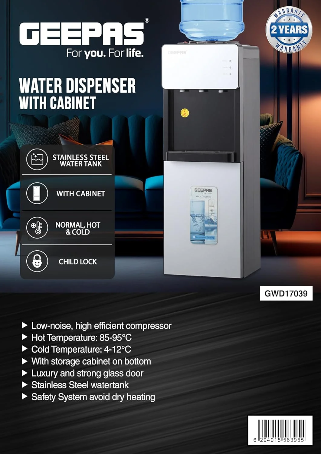 آبسردکن، آبجوش کن و آب معمولی Geepas مدل GWD17039 دارای کابینت | دارای 3 گزینه شیر فشاری، خنک کننده سریع آبسردکن، آبجوش کن و آب معمولی Geepas مدل GWD17039 دارای کابینت | دارای 3 گزینه شیر فشاری، خنک کننده سریع