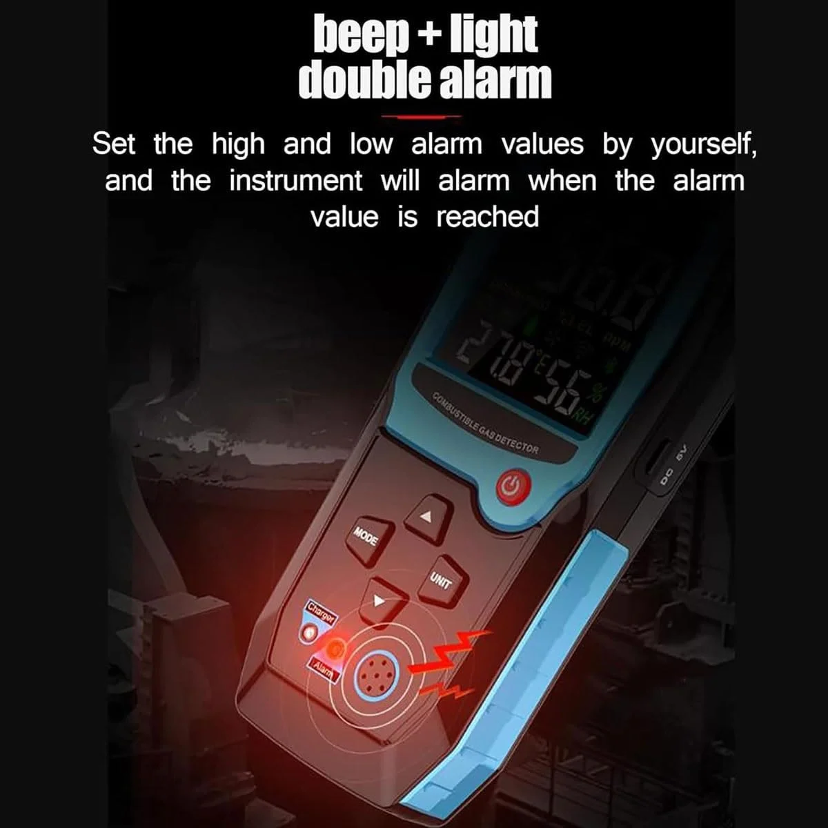 دستگاه تشخیص نشت گاز طبیعی، ردیاب گاز قابل حمل با پروب سنسور گردن غازی 14 اینچی و صفحه نمایش LCD با نور پس زمینه، عملکرد زنگ هشدار نوری و صوتی و قابل شارژ، برای فاضلاب ها، زیرزمین