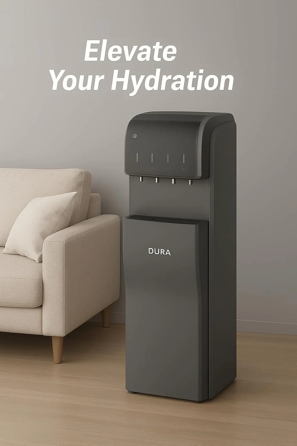 آبسردکن ایستاده 5 در 1 DURA با قابلیت بارگیری از پایین، یخ ساز و یخ خردکن، آب گرم، سرد و دمای اتاق، بدون لمس، استریلیزاسیون UV، وای فای هوشمند، استیل ضد زنگ - خاکستری