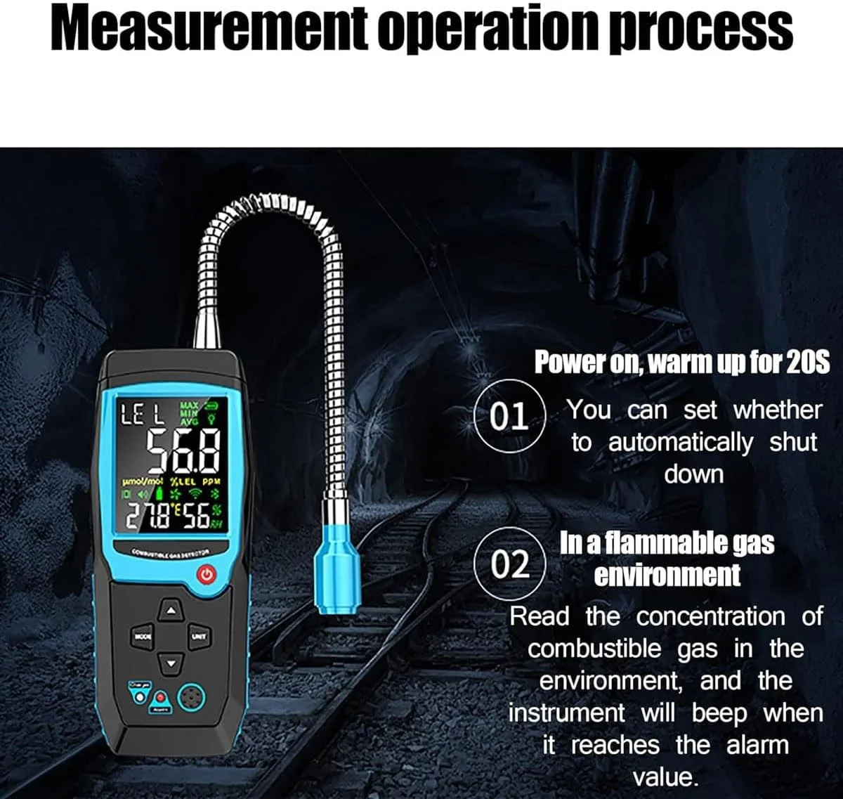 دستگاه تشخیص نشت گاز طبیعی، ردیاب گاز قابل حمل با پروب سنسور گردن غازی 14 اینچی و صفحه نمایش LCD با نور پس زمینه، عملکرد زنگ هشدار نوری و صوتی و قابل شارژ، برای فاضلاب ها، زیرزمین