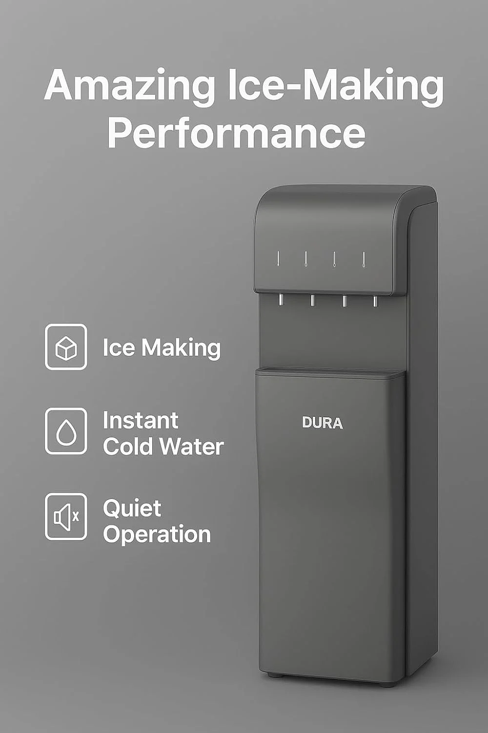 آبسردکن ایستاده 5 در 1 DURA با قابلیت بارگیری از پایین، یخ ساز و یخ خردکن، آب گرم، سرد و دمای اتاق، بدون لمس، استریلیزاسیون UV، وای فای هوشمند، استیل ضد زنگ - خاکستری
