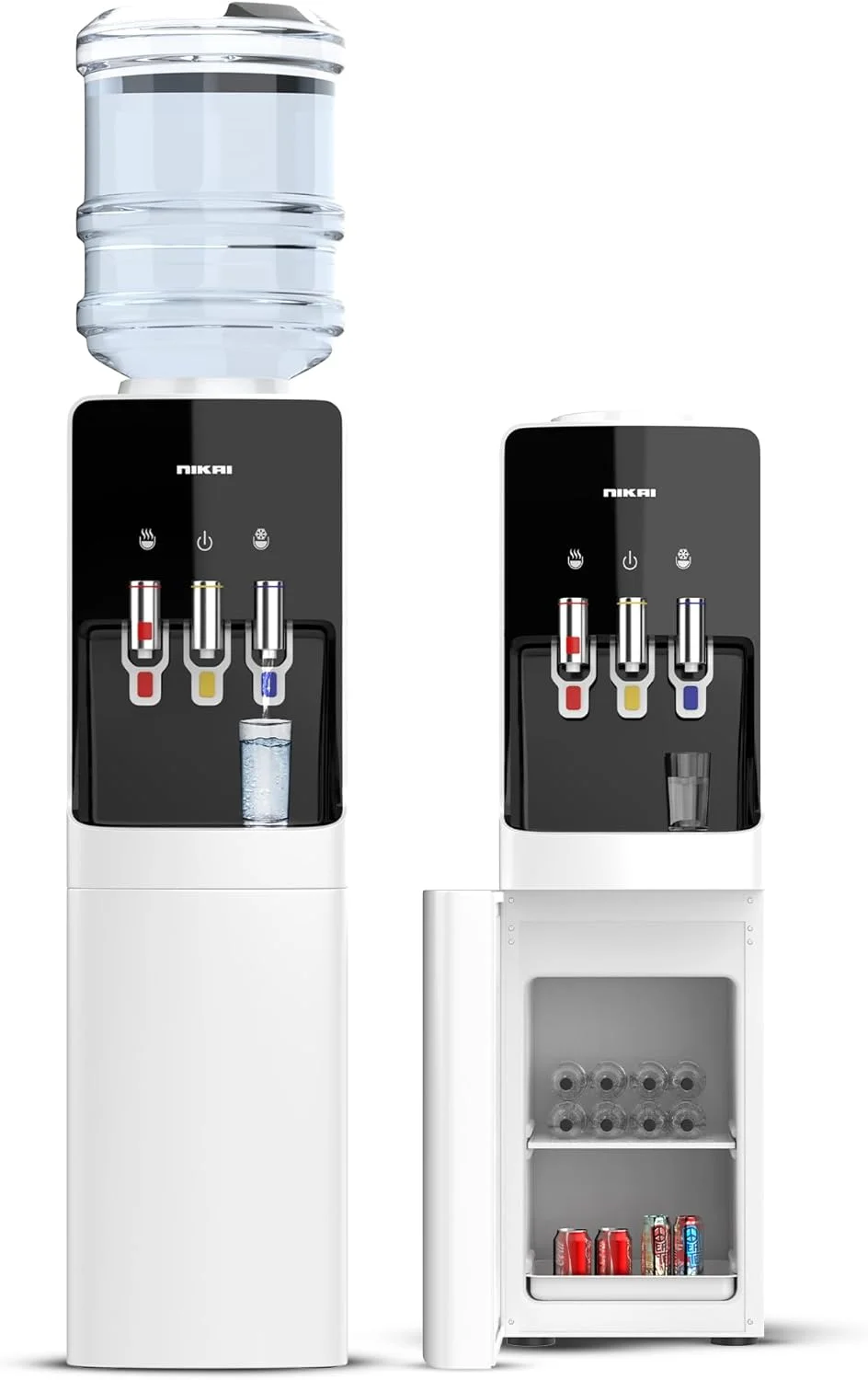آبسردکن ایستاده نیکای با قابلیت پر شدن از بالا، دارای آب گرم، سرد و با دمای معمولی به همراه جا لیوانی برای بطری 5 گالن، کابینت 16 لیتری، مدل Nwd1900C (سفید و نقره ای)