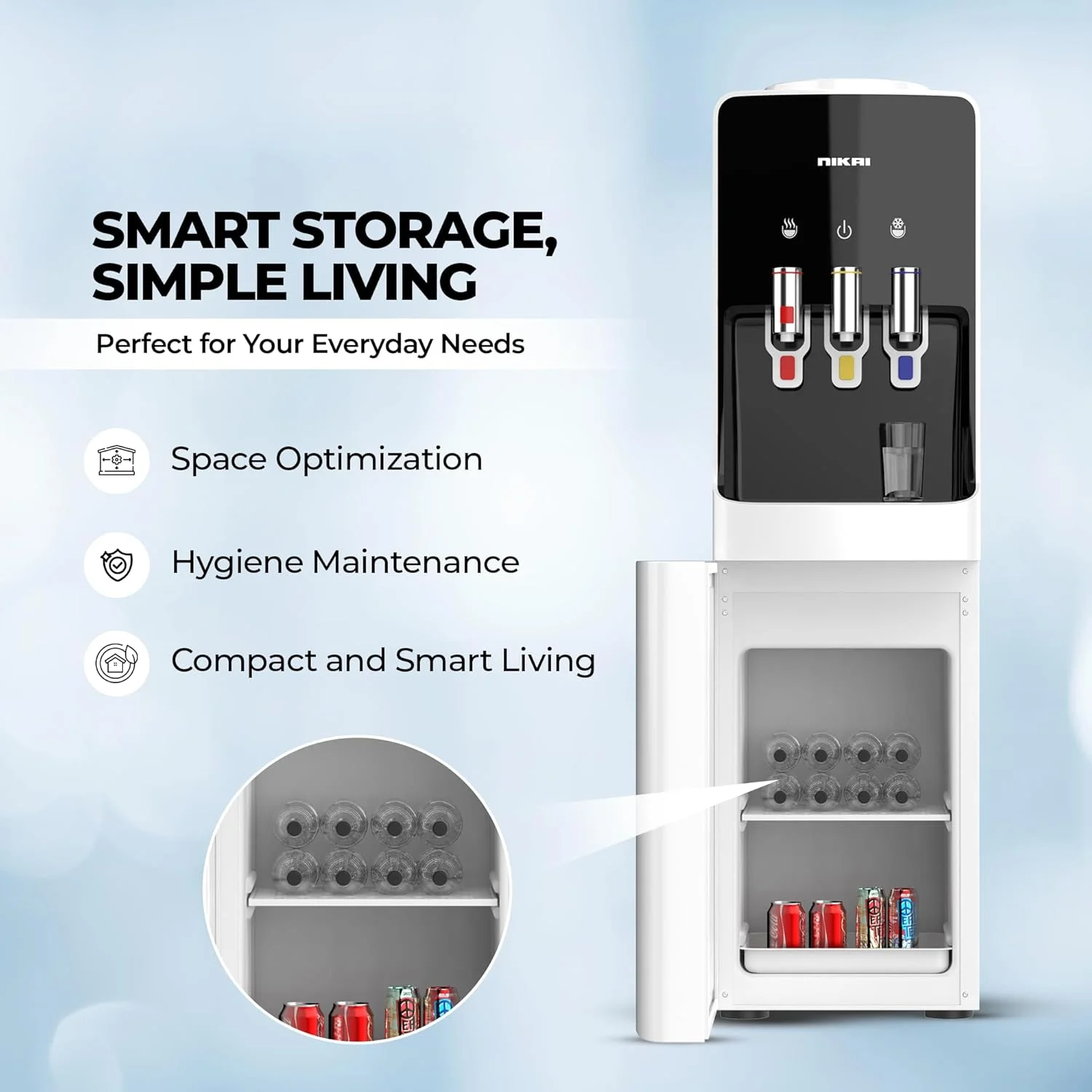 آبسردکن ایستاده نیکای با طراحی 3 شیر، آب گرم، سرد و معمولی، خنک کننده کمپرسوری، کابین 16 لیتری، مخزن استیل ضد زنگ، صدای کم، طراحی ضد باکتری، ضد چکه - مدل NWD1400C (سفید)