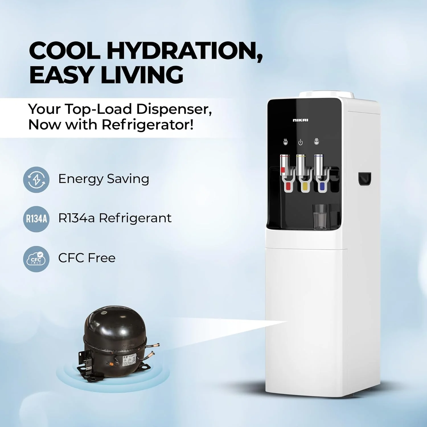 آبسردکن ایستاده نیکای با قابلیت پر شدن از بالا، دارای آب گرم، سرد و با دمای معمولی به همراه جا لیوانی برای بطری 5 گالن، کابینت 16 لیتری، مدل Nwd1900C (سفید و نقره ای)