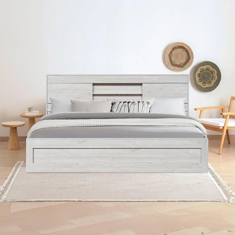 تخت خواب دو نفره کینگ دانوب هوم مدل Tisley با ابعاد 180X200 به همراه فضای ذخیره سازی زیر تخت | طراحی مدرن و مقاوم، مبلمان قاب تخت خواب چوبی | تخت خواب های آرام و راحت با ابعاد 216.4x188.5x100 سانتی متر - رنگ بلوط روشن / سنگ مرمر مصنوعی سفید