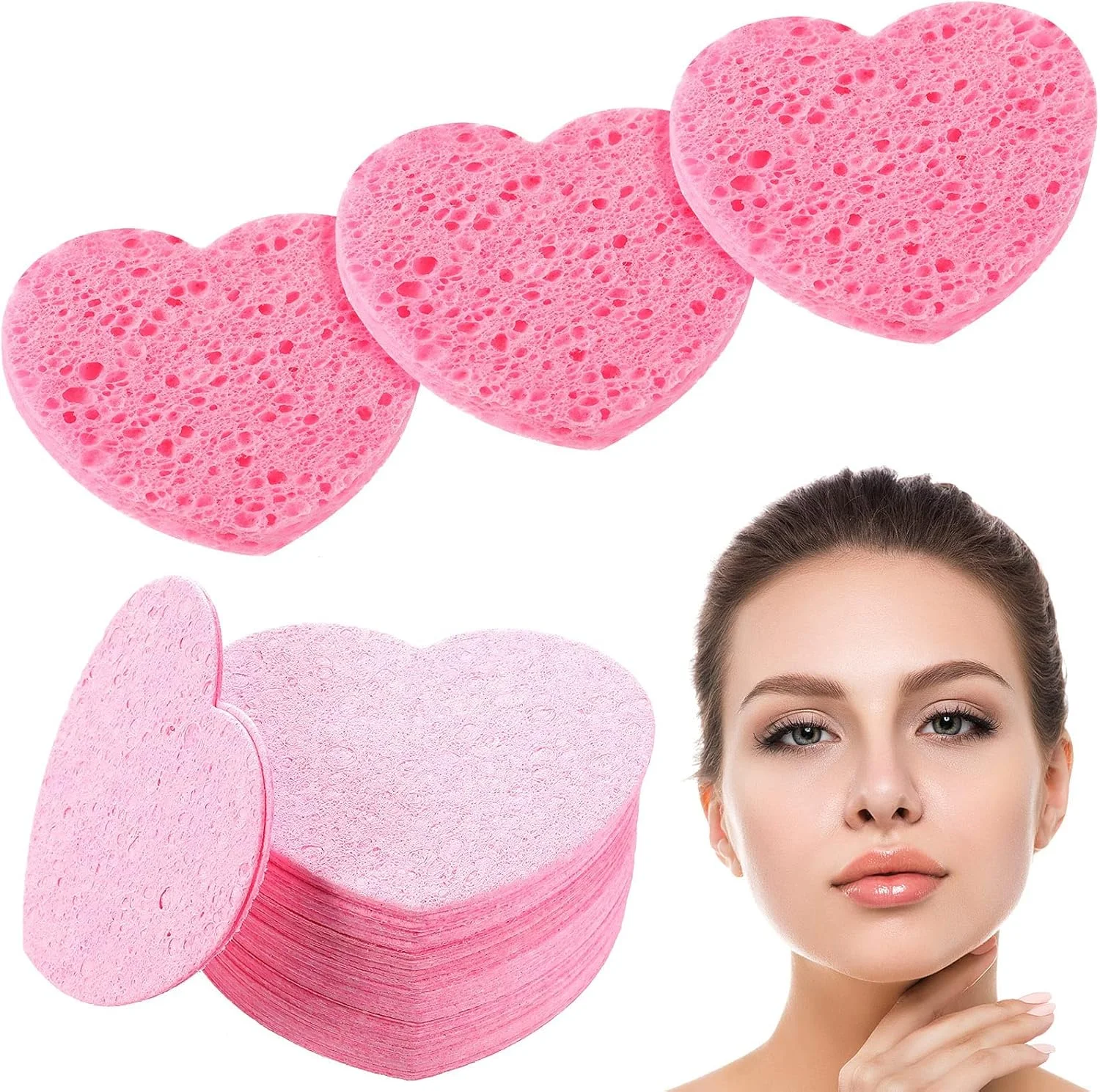 پدهای اسفنجی فشرده صورت قلبی شکل، ساخته شده با سلولز طبیعی برای پاکسازی صورت، لایه برداری، پاک کردن آرایش، کیفیت اسپا برای خانه و مسافرت، 25 عدد، صورتی