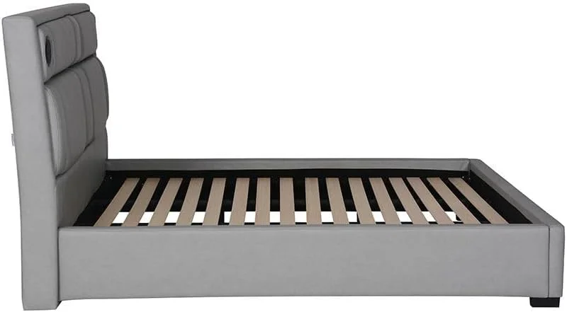تخت خواب دو نفره دانوب هوم رزمیه سایز کینگ 180x200 با چراغ مطالعه، بلندگوهای بلوتوث و شارژر | طراحی مدرن قاب تخت خواب چوبی | تخت خواب راحت (تشک شامل نمی شود) ابعاد L228xW202xH122cm - خاکستری روشن
