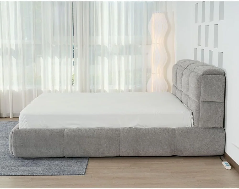 تخت خواب دو نفره مدل Danube Home Ian، سایز کینگ 180x200 به همراه تختخواب های ذخیره سازی تاج تخت | مبلمان قاب تخت خواب دو نفره چوبی با طراحی مدرن | تخت خواب راحت (تشک شامل نمی شود) ابعاد: L246xW206xH103cm - خاکستری روشن