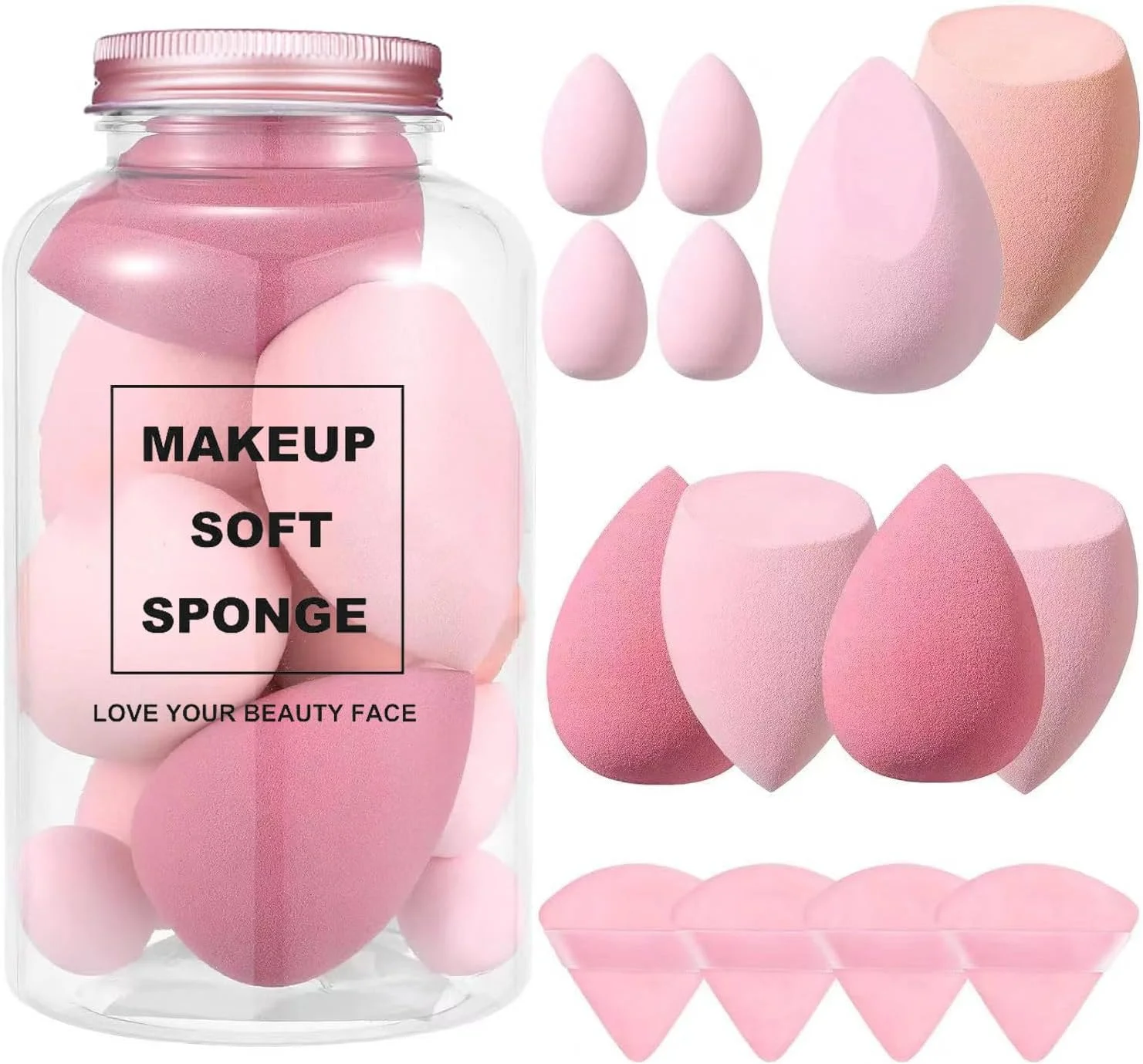 ست اسفنج آرایشی Joyzzz، 14 عدد اسفنج مخلوط کن آرایشی به همراه 4 عدد اسفنج کوچک آرایشی هدیه روز ولنتاین و 4 عدد پودر پاف، هدیه روز مادر برای زنان مناسب برای مایع، کرم پودر، پودر