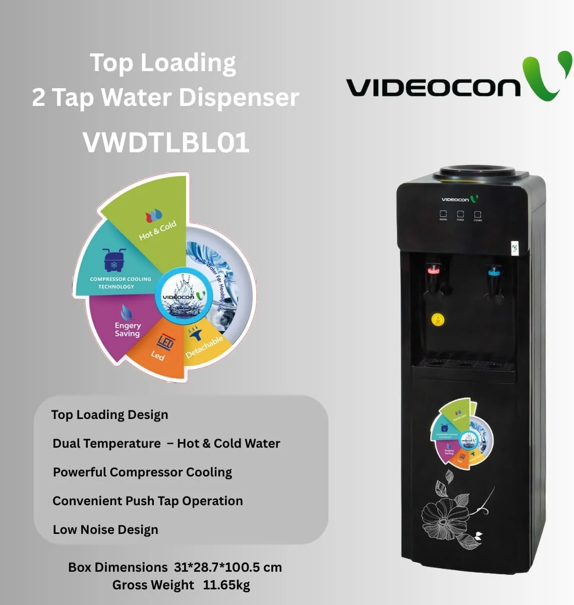 آبسردکن و آبگرمکن ایستاده ویدئوکون | بارگیری از بالا | شیر فشاری راحت | خنک کننده کمپرسوری | عملکرد کم صدا - VWDTLBL01
