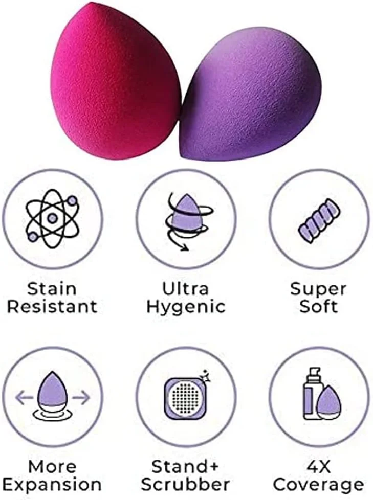 کانزا - ست دو عددی اسفنج آرایشی | اسفنج های آرایشی زیبایی | اسفنج زیبایی وگان بدون لاتکس | پف آرایشی تخم مرغی شکل برای کرم پودر | یک جفت (صورتی و بنفش)