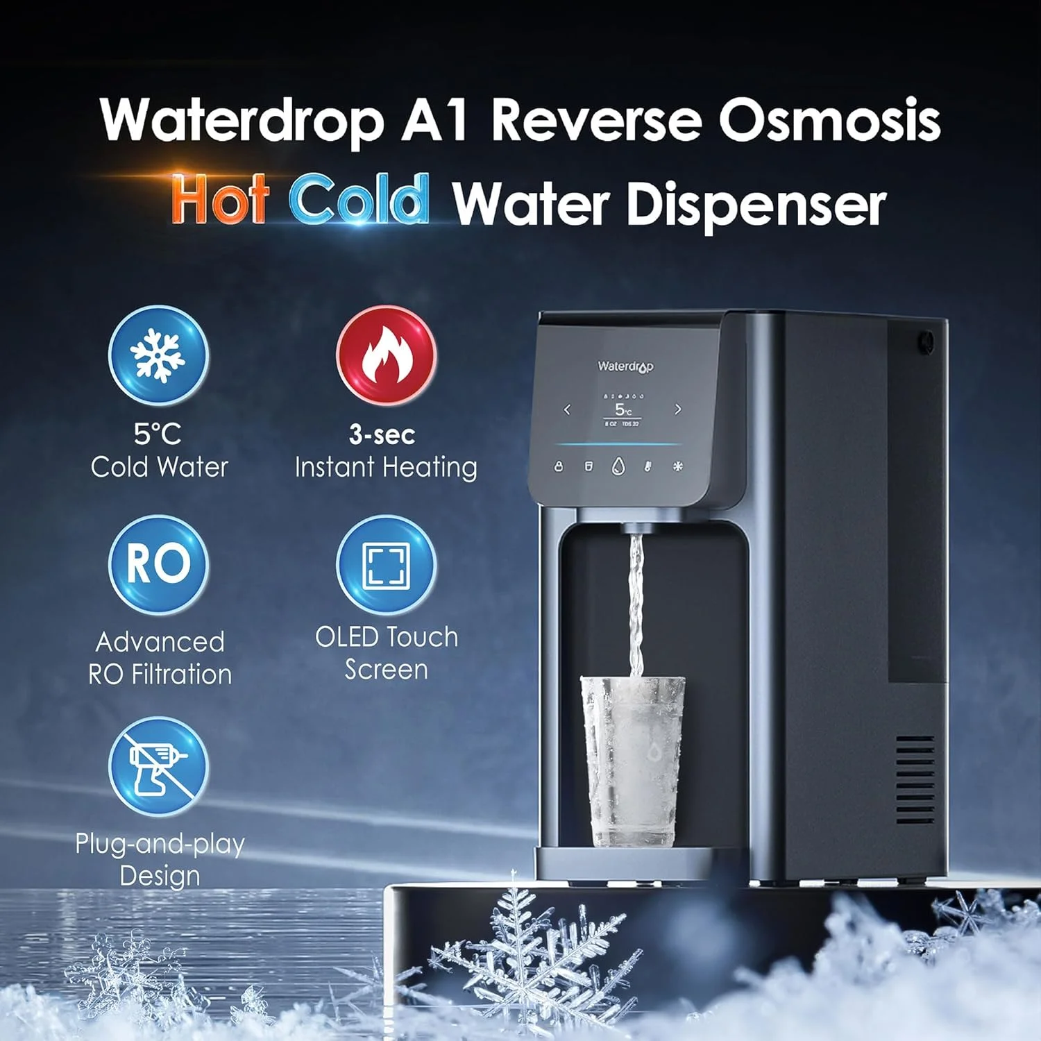 دستگاه تصفیه آب رومیزی Waterdrop WD-A1 با سیستم اسمز معکوس، دارای آبسردکن و آبگرمکن، استاندارد NSF/ANSI 58، خنک کننده آب بدون نیاز به بطری، 6 تنظیمات دما دستگاه تصفیه آب رومیزی Waterdrop WD-A1 با سیستم اسمز معکوس، دارای آبسردکن و آبگرمکن، استاندارد NSF/ANSI 58، خنک کننده آب بدون نیاز به بطری، 6 تنظیمات دما