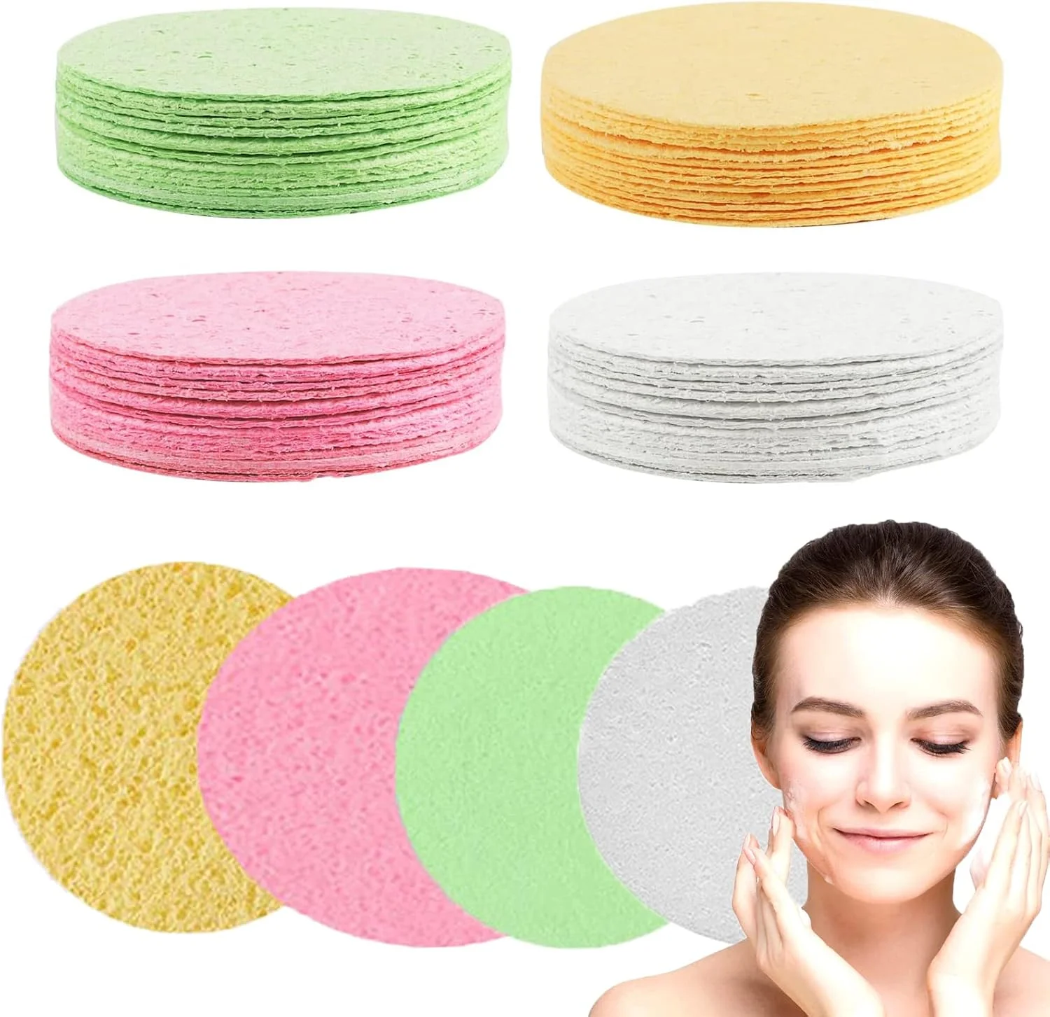 پدهای فشرده پاک کننده صورت KASTWAVE، پد اسفنجی شستشوی صورت در 4 رنگ، اسفنج های سلولزی لایه بردار آرایشی صورت برای پاک کردن آرایش (60 عدد 2.5 اینچی)
