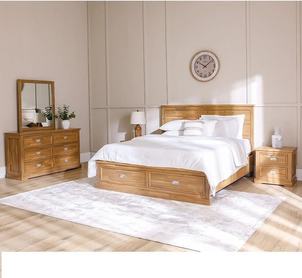 سرویس خواب دونفره چوبی دانوب هوم مدل Canterbury شامل تخت خواب سایز کینگ 180X200 + 2 پاتختی + میز آرایش + آینه | مبلمان تخت خواب دو نفره | تخت خواب راحت (بدون تشک) - قهوه ای و خاکستری