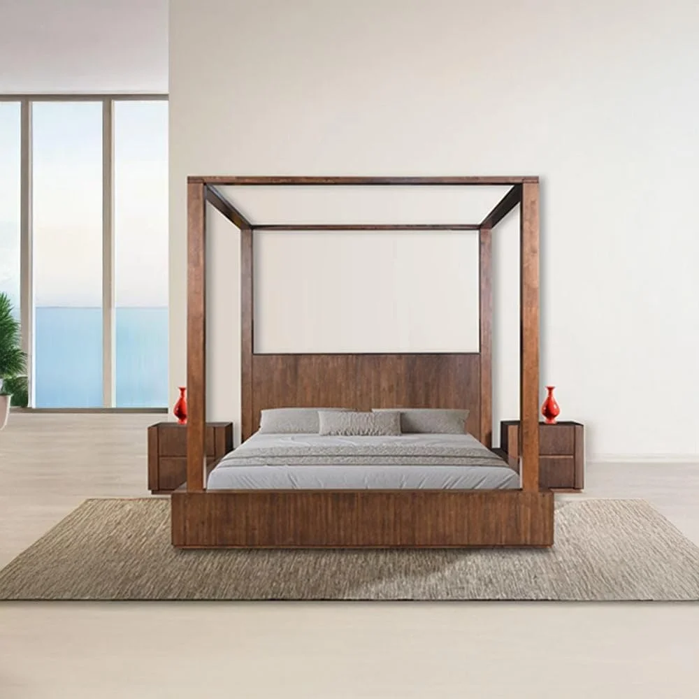 Danube Home Zenia 180X200 King Poster Bed Solidwood | Modern Design Wooden Double Bed Frame Furniture | Comfortable Bed (Mattress Not Included) -Dark Brown