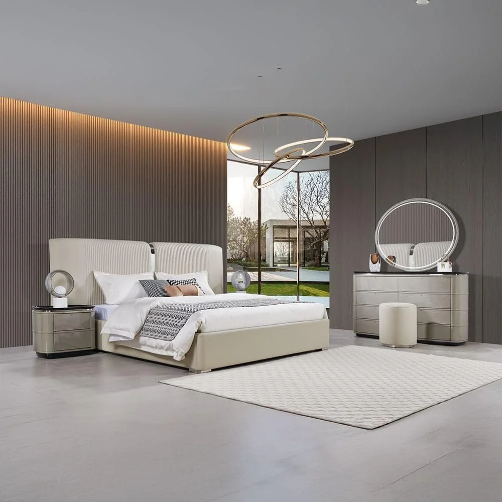 تخت خواب کینگ 180x200 دانوب هوم مدل گریسون به همراه 2 پاتختی، میز آرایش آینه دار ال ای دی دار + ست مبلمان اتاق خواب چهارپایه | مبلمان قاب تخت خواب دو نفره | تخت خواب راحت (تشک شامل نمی شود) - خاکستری/نقره ای تخت خواب کینگ 180x200 دانوب هوم مدل گریسون به همراه 2 پاتختی، میز آرایش آینه دار ال ای دی دار + ست مبلمان اتاق خواب چهارپایه | مبلمان قاب تخت خواب دو نفره | تخت خواب راحت (تشک شامل نمی شود) - خاکستری/نقره ای