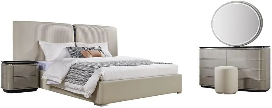 تخت خواب کینگ 180x200 دانوب هوم مدل گریسون به همراه 2 پاتختی، میز آرایش آینه دار ال ای دی دار + ست مبلمان اتاق خواب چهارپایه | مبلمان قاب تخت خواب دو نفره | تخت خواب راحت (تشک شامل نمی شود) - خاکستری/نقره ای تخت خواب کینگ 180x200 دانوب هوم مدل گریسون به همراه 2 پاتختی، میز آرایش آینه دار ال ای دی دار + ست مبلمان اتاق خواب چهارپایه | مبلمان قاب تخت خواب دو نفره | تخت خواب راحت (تشک شامل نمی شود) - خاکستری/نقره ای