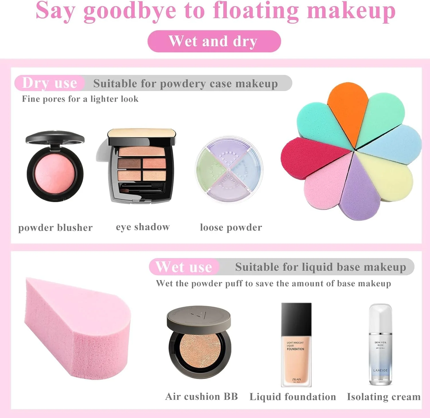 پدهای آرایشی KASTWAVE، 40 عدد پد اسفنجی قابل استفاده مجدد برای رنگ آمیزی صورت، پدهای گلبرگی لوازم آرایشی، اسفنج نرم مخلوط کن فونداسیون برای کانسیلر کرمی تمیز