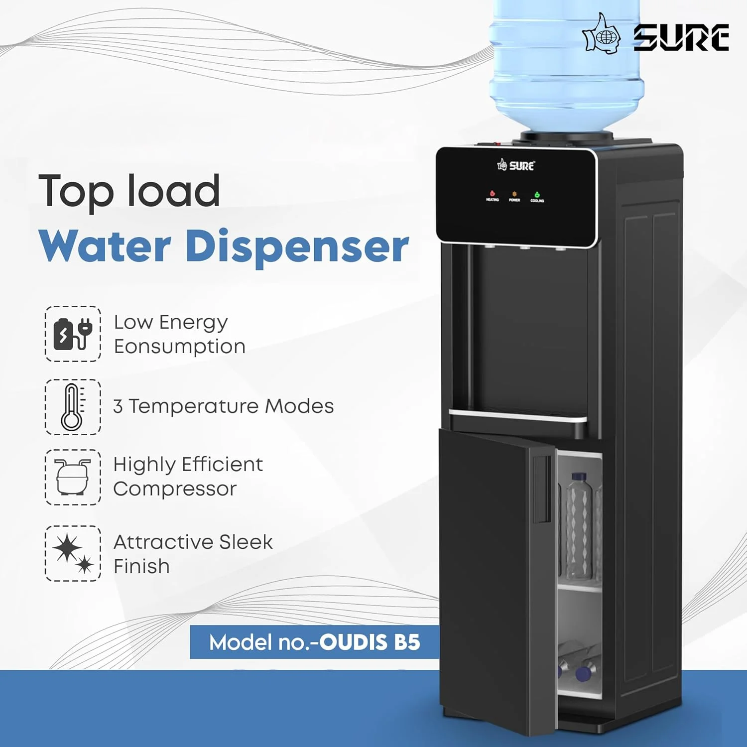آبسردکن ایستاده شور OUDIS B5 | قفل ایمنی کودک | سه شیر با حالت دما | کابینت داخلی | مخزن استیل ضد زنگ | مصرف انرژی پایین