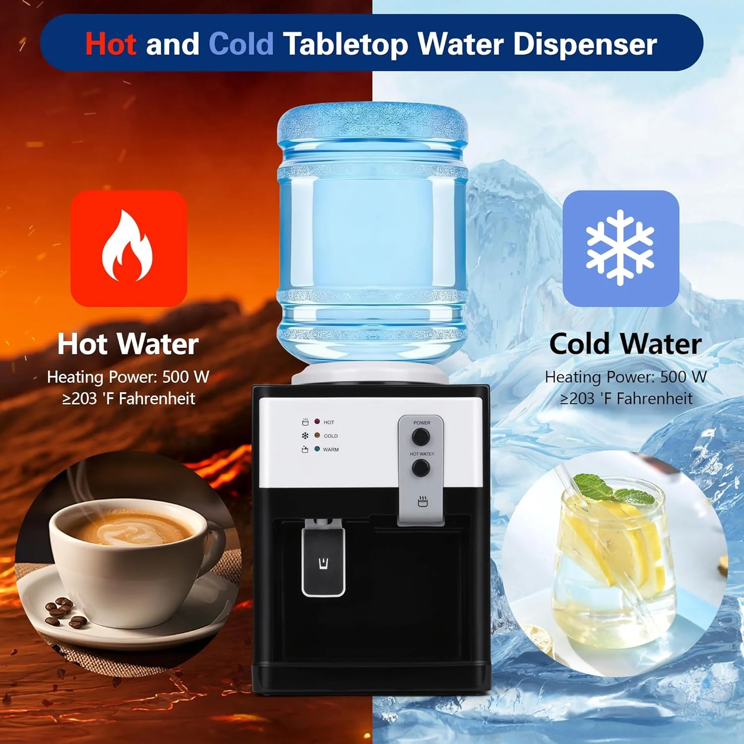 آبسردکن رومیزی، عملکرد آب گرم/سرد، آبسردکن با بارگیری از بالا برای بطری های 1.2 تا 5 گالن، 3 دمای قابل تنظیم، برای استفاده در خانه، آشپزخانه، دفتر، کنار تخت خوابگاه