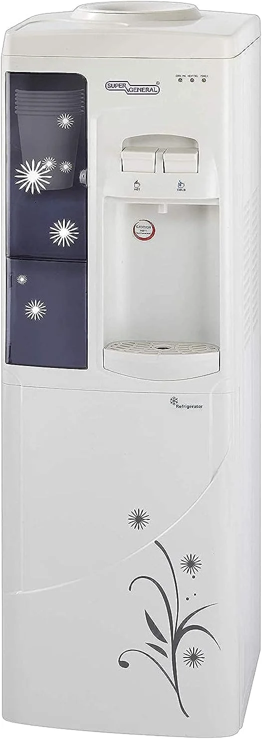 آبسردکن و آبگرمکن سوپر جنرال مدل SGL-1191، دارای کابین خنک کننده و جا لیوانی، آب گرم فوری، 2 شیر، سفید/خاکستری، 31.2 x 32.5 x 96 سانتی متر