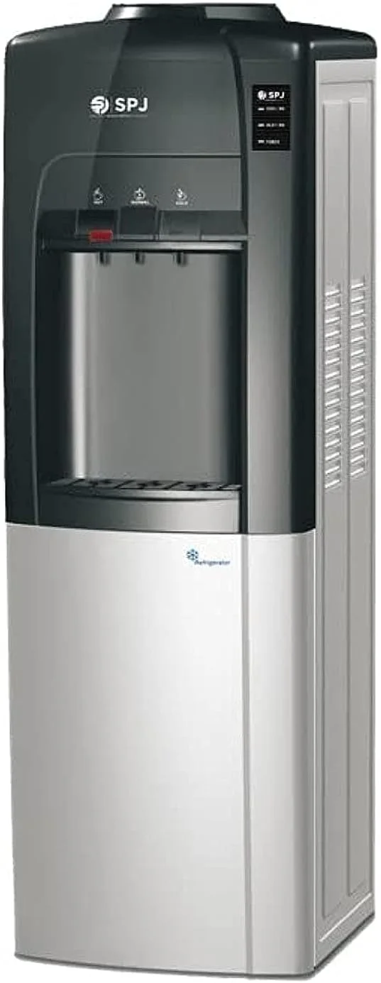 آبسردکن SPJ با مخزن یخچال 16 لیتری، بارگیری از بالا آب گرم/سرد/معمولی، 3 شیر فشاری، قفل ایمنی کودک، جنس آنتی باکتریال، مشکی/نقره ای - آبسردکن بارگیری از بالا