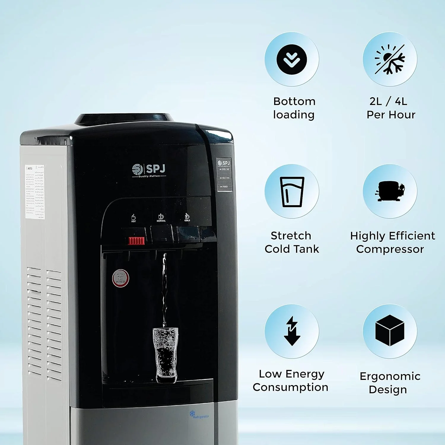 آبسردکن SPJ با مخزن یخچال 16 لیتری، بارگیری از بالا آب گرم/سرد/معمولی، 3 شیر فشاری، قفل ایمنی کودک، جنس آنتی باکتریال، مشکی/نقره ای - آبسردکن بارگیری از بالا آبسردکن SPJ با مخزن یخچال 16 لیتری، بارگیری از بالا آب گرم/سرد/معمولی، 3 شیر فشاری، قفل ایمنی کودک، جنس آنتی باکتریال، مشکی/نقره ای - آبسردکن بارگیری از بالا